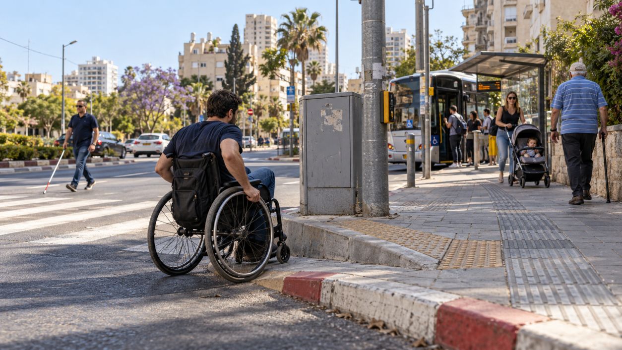 מרחב ציבורי עם אדם בכיסא גלגלים ליד שפת מדרכה, הולך רגל עם מקל נחייה, עגלת ילדים ותחנת אוטובוס